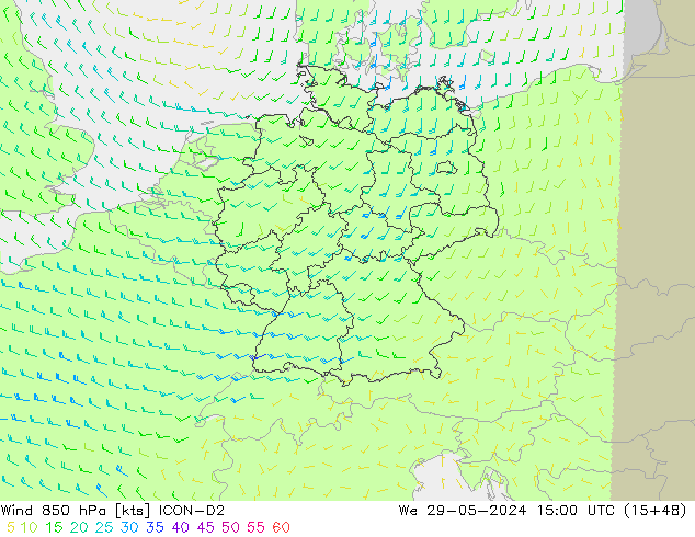 Viento 850 hPa ICON-D2 mié 29.05.2024 15 UTC