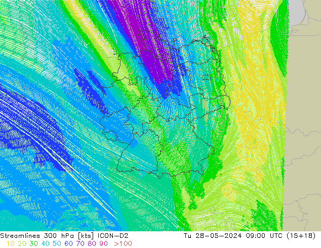 Linia prądu 300 hPa ICON-D2 wto. 28.05.2024 09 UTC