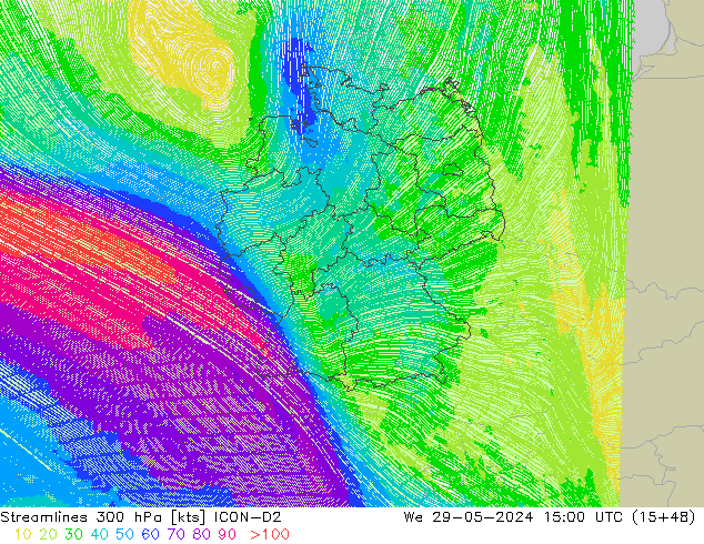 Streamlines 300 hPa ICON-D2 We 29.05.2024 15 UTC