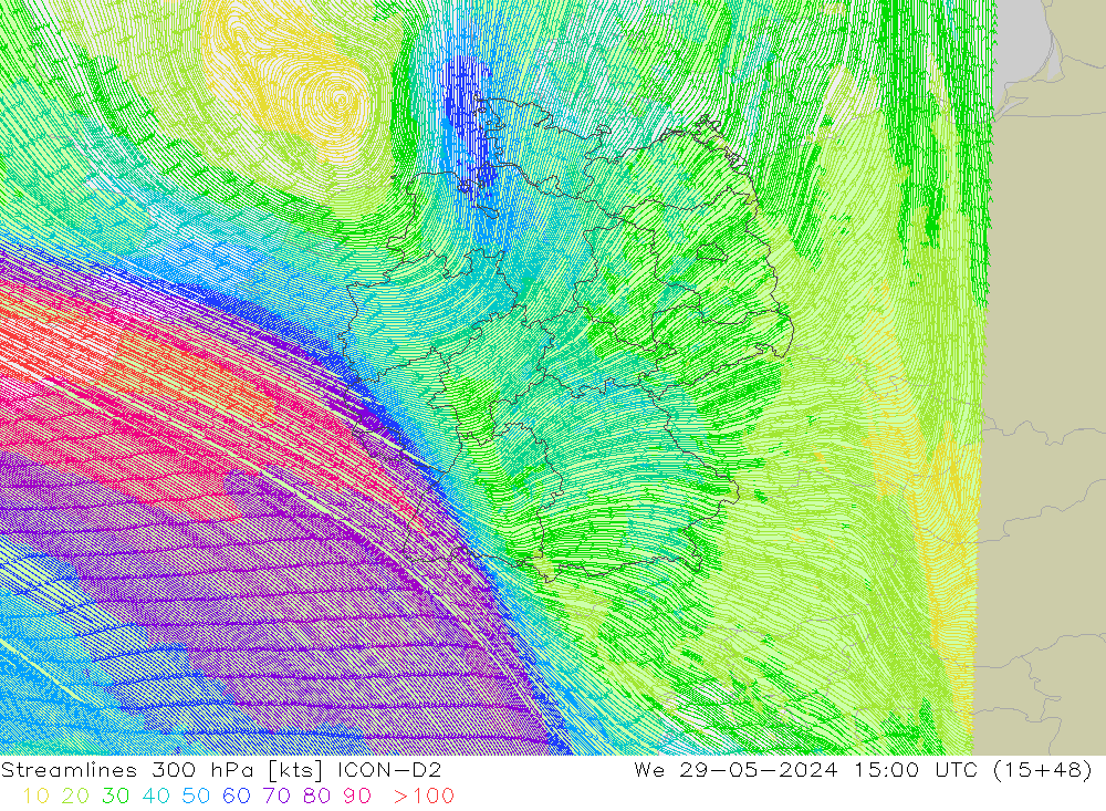 Linea di flusso 300 hPa ICON-D2 mer 29.05.2024 15 UTC