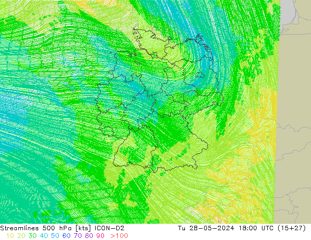 Linha de corrente 500 hPa ICON-D2 Ter 28.05.2024 18 UTC