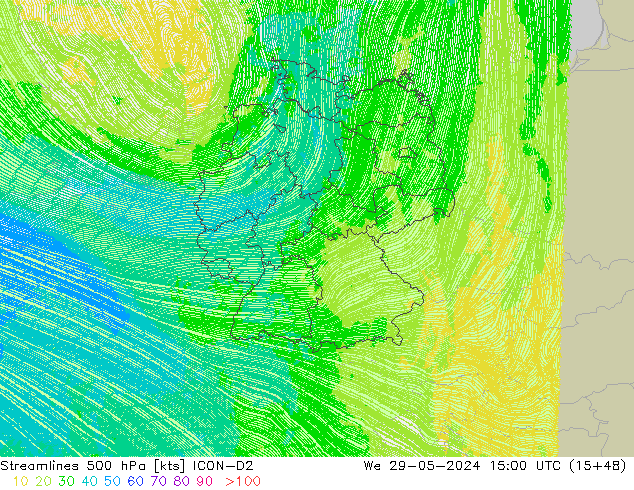 Linha de corrente 500 hPa ICON-D2 Qua 29.05.2024 15 UTC