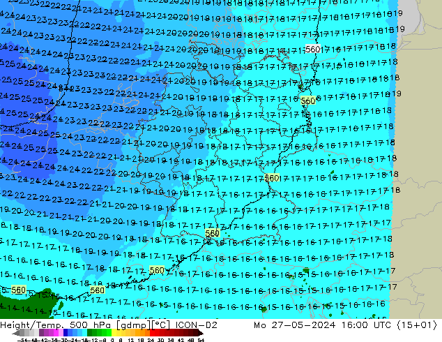 Height/Temp. 500 hPa ICON-D2 lun 27.05.2024 16 UTC