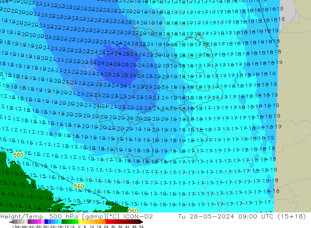 Height/Temp. 500 hPa ICON-D2 Út 28.05.2024 09 UTC