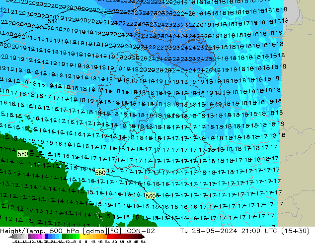 Height/Temp. 500 hPa ICON-D2 mar 28.05.2024 21 UTC