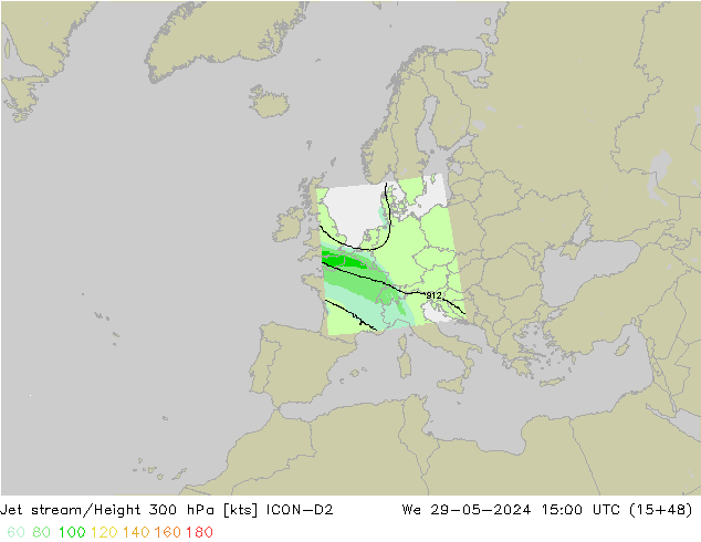 Corrente a getto ICON-D2 mer 29.05.2024 15 UTC