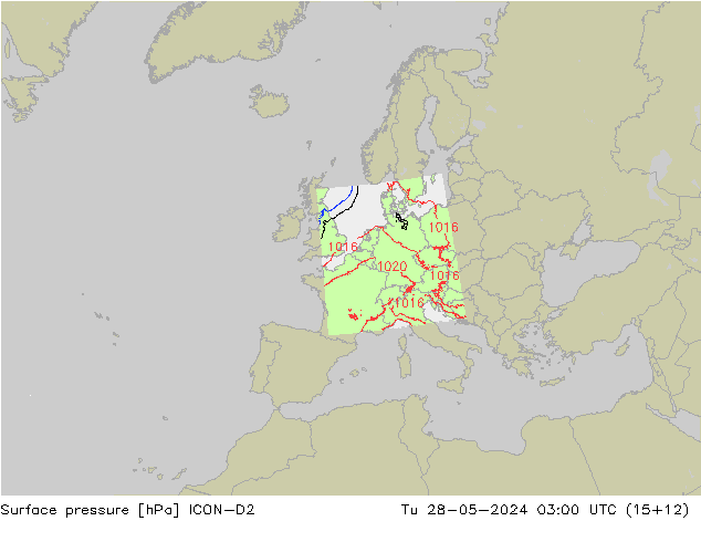 Atmosférický tlak ICON-D2 Út 28.05.2024 03 UTC