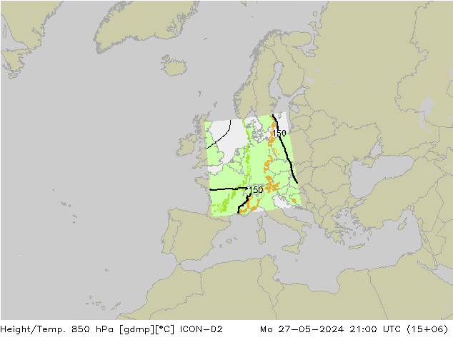 Geop./Temp. 850 hPa ICON-D2 lun 27.05.2024 21 UTC