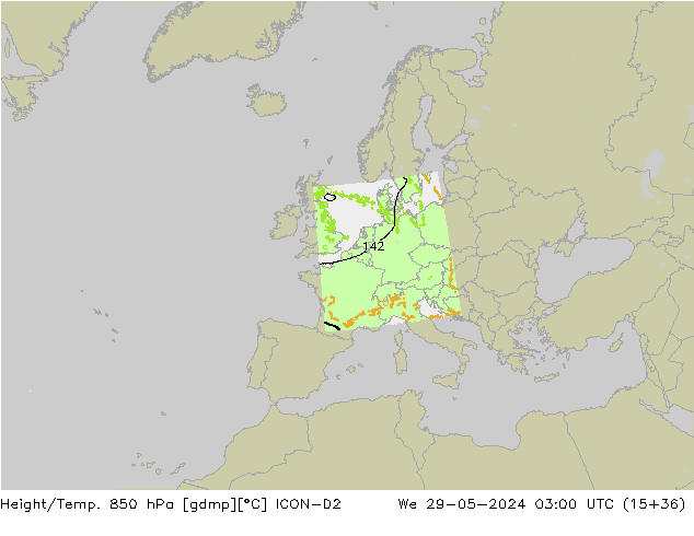 Height/Temp. 850 hPa ICON-D2 mer 29.05.2024 03 UTC