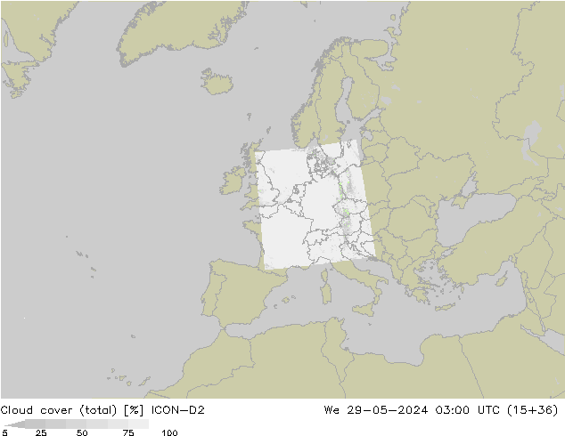 Cloud cover (total) ICON-D2 We 29.05.2024 03 UTC