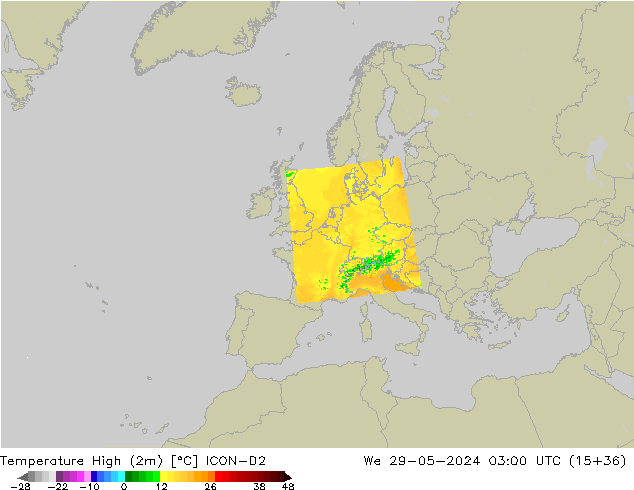 Temperature High (2m) ICON-D2 We 29.05.2024 03 UTC