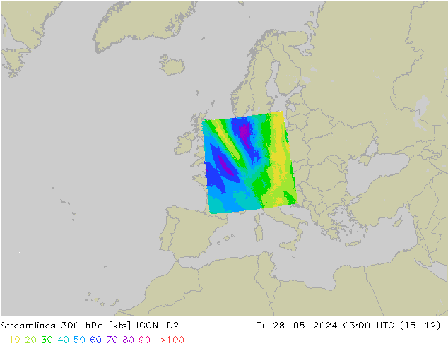 Linha de corrente 300 hPa ICON-D2 Ter 28.05.2024 03 UTC