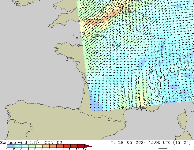 wiatr 10 m (bft) ICON-D2 wto. 28.05.2024 15 UTC
