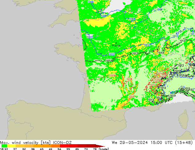 Max. wind velocity ICON-D2 ср 29.05.2024 15 UTC