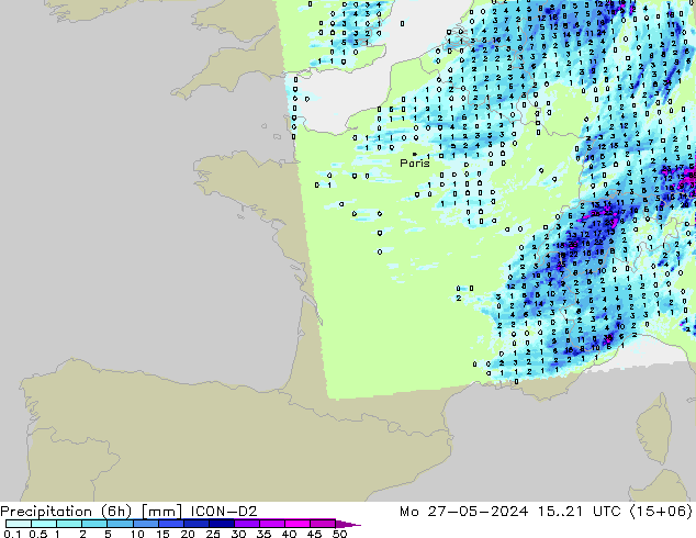 Precipitation (6h) ICON-D2 Mo 27.05.2024 21 UTC