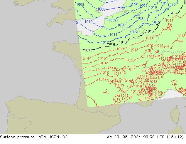 Atmosférický tlak ICON-D2 St 29.05.2024 09 UTC