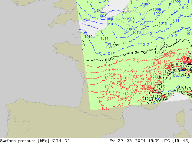 Surface pressure ICON-D2 We 29.05.2024 15 UTC