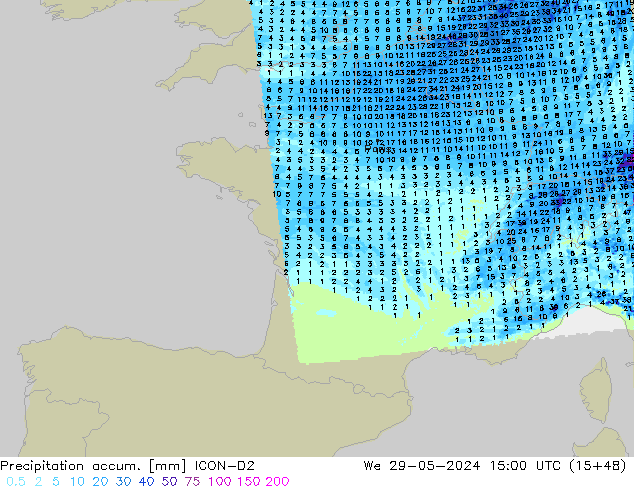 Precipitation accum. ICON-D2  29.05.2024 15 UTC