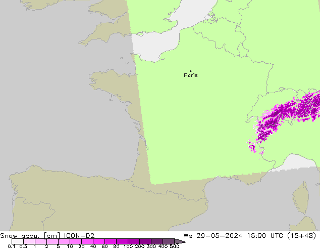Snow accu. ICON-D2 Qua 29.05.2024 15 UTC