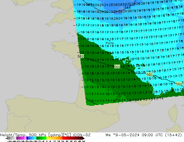 Height/Temp. 500 hPa ICON-D2 We 29.05.2024 09 UTC