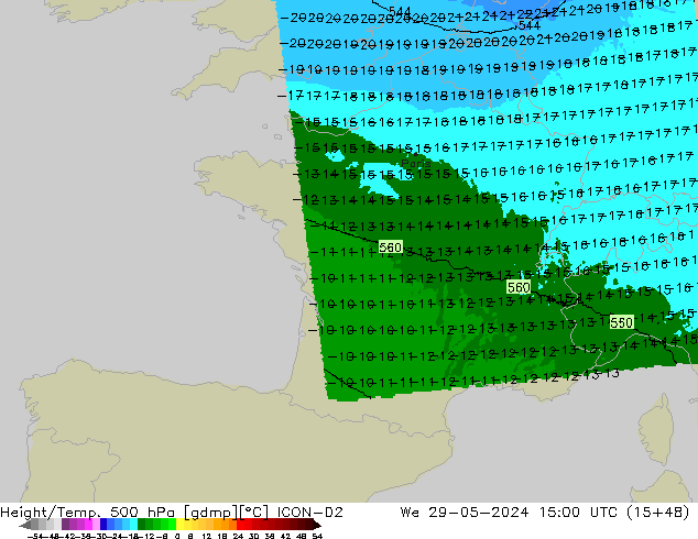 Height/Temp. 500 hPa ICON-D2 We 29.05.2024 15 UTC