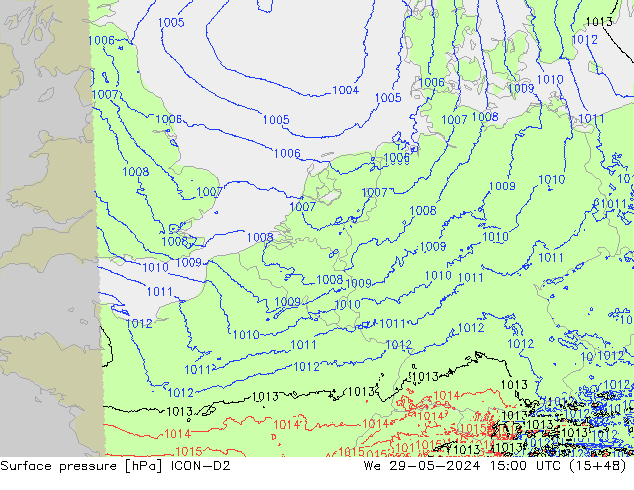 Surface pressure ICON-D2 We 29.05.2024 15 UTC