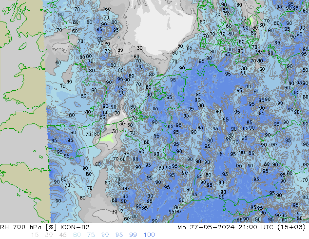 Humedad rel. 700hPa ICON-D2 lun 27.05.2024 21 UTC