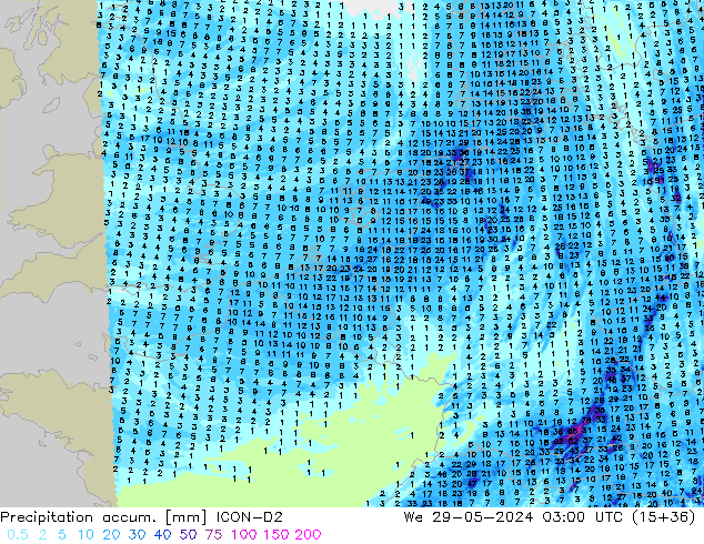 Précipitation accum. ICON-D2 mer 29.05.2024 03 UTC