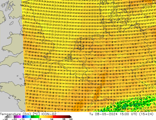 Temperature (2m) ICON-D2 Tu 28.05.2024 15 UTC