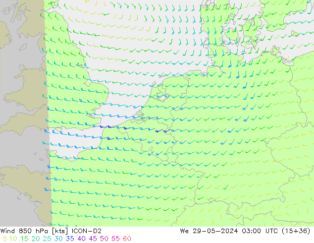 Vent 850 hPa ICON-D2 mer 29.05.2024 03 UTC