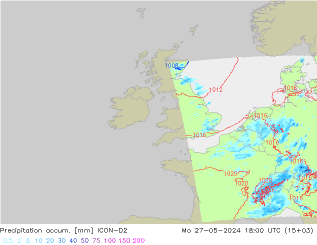 Totale neerslag ICON-D2 ma 27.05.2024 18 UTC