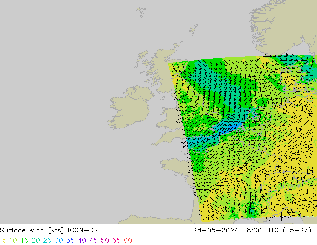 Surface wind ICON-D2 Tu 28.05.2024 18 UTC