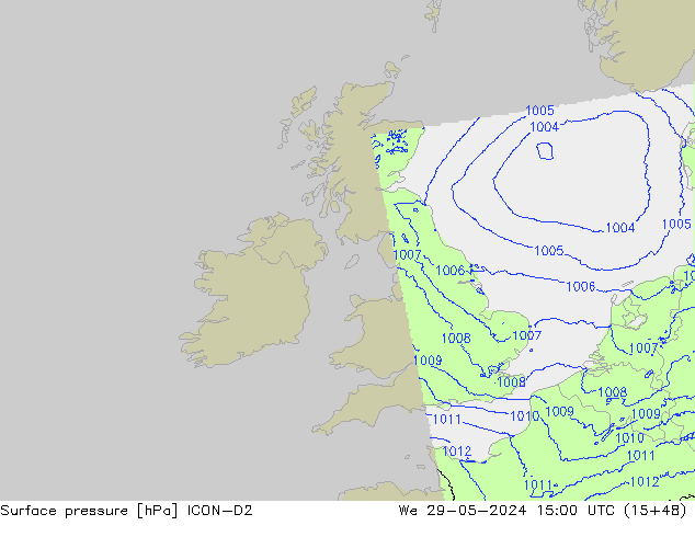 Surface pressure ICON-D2 We 29.05.2024 15 UTC