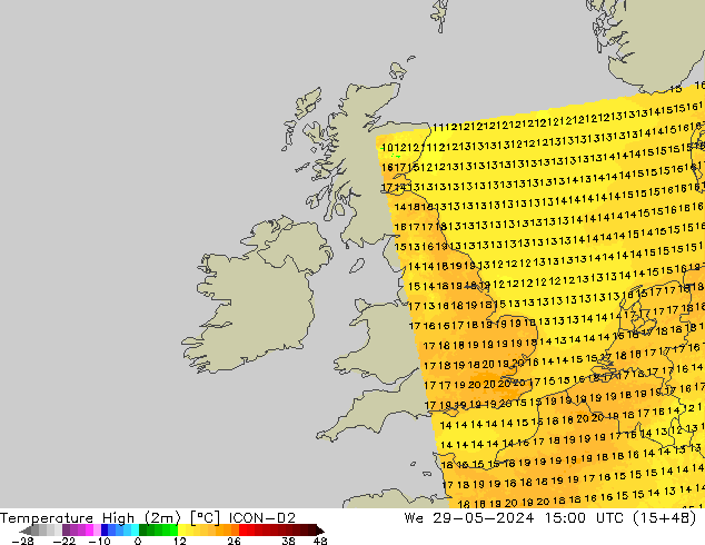 température 2m max ICON-D2 mer 29.05.2024 15 UTC