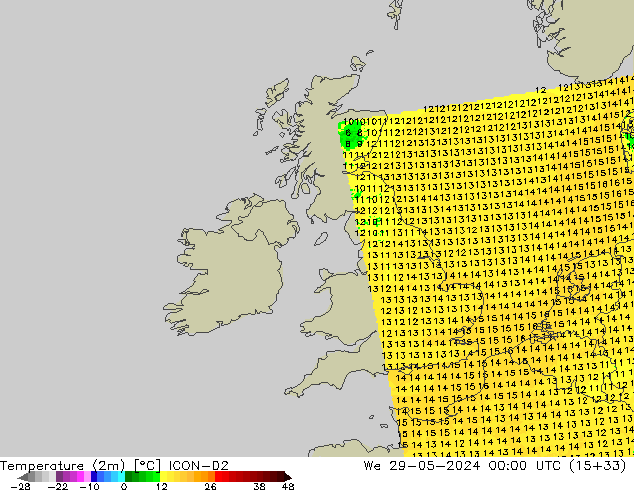 Temperature (2m) ICON-D2 We 29.05.2024 00 UTC