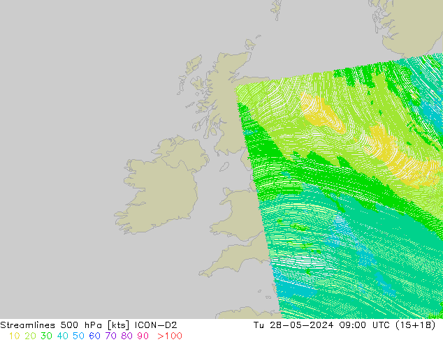 Línea de corriente 500 hPa ICON-D2 mar 28.05.2024 09 UTC