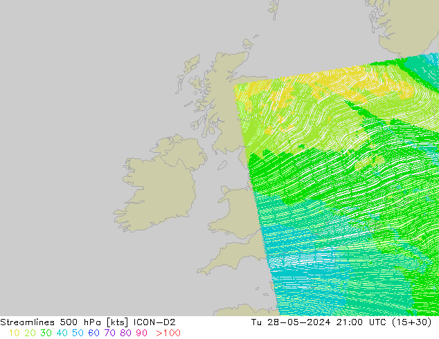 Línea de corriente 500 hPa ICON-D2 mar 28.05.2024 21 UTC