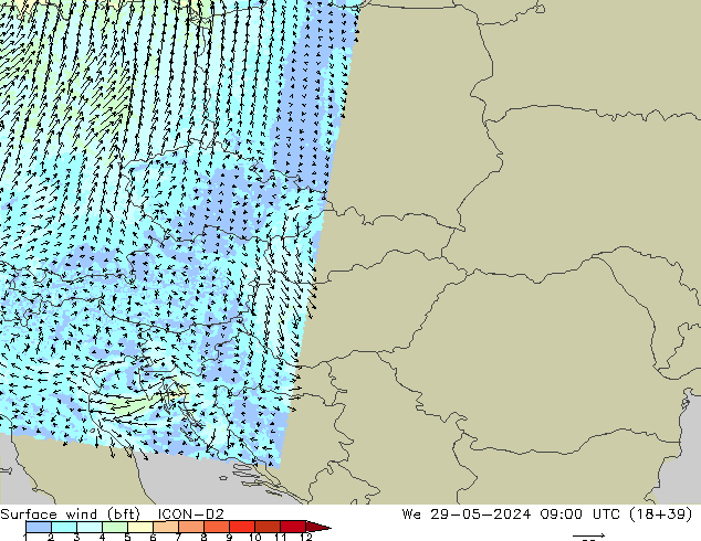 Wind 10 m (bft) ICON-D2 wo 29.05.2024 09 UTC