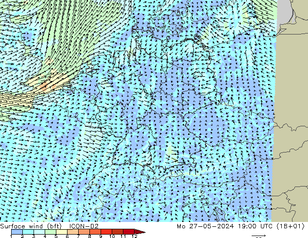Wind 10 m (bft) ICON-D2 ma 27.05.2024 19 UTC