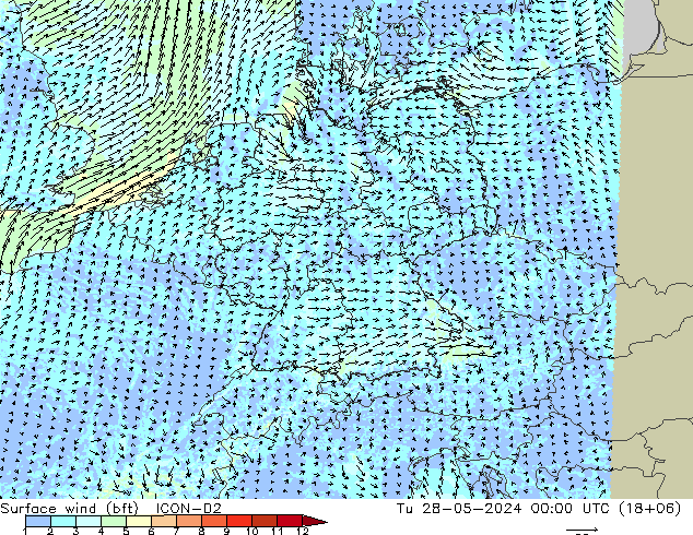 Surface wind (bft) ICON-D2 Tu 28.05.2024 00 UTC