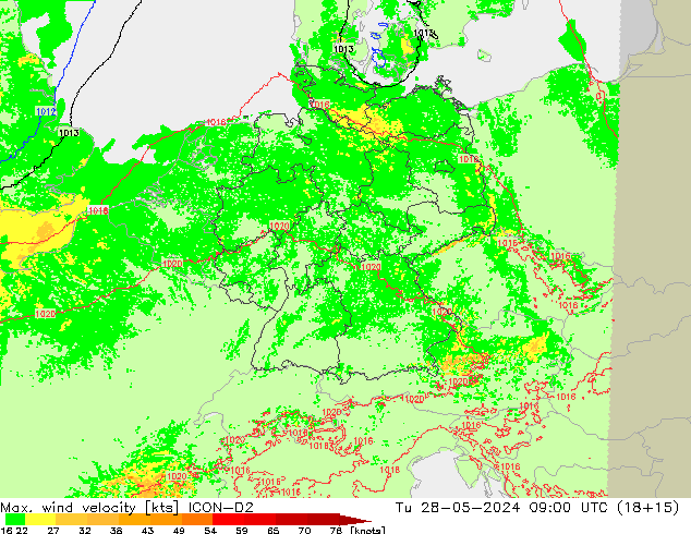 Max. wind velocity ICON-D2 mar 28.05.2024 09 UTC