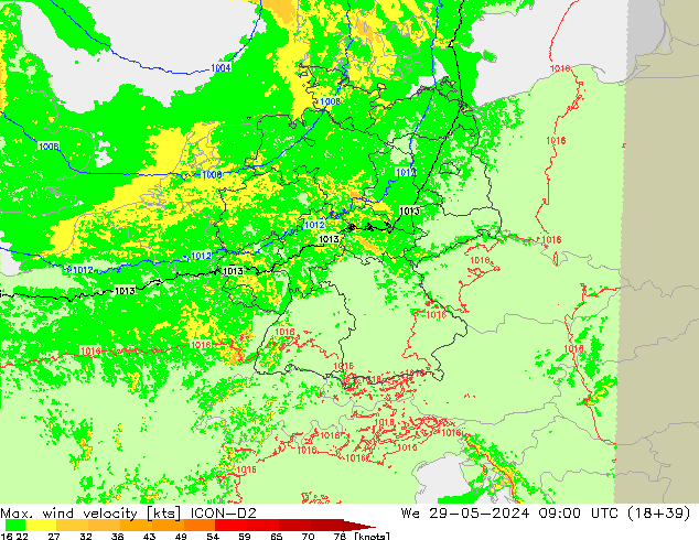 Max. wind velocity ICON-D2 mer 29.05.2024 09 UTC