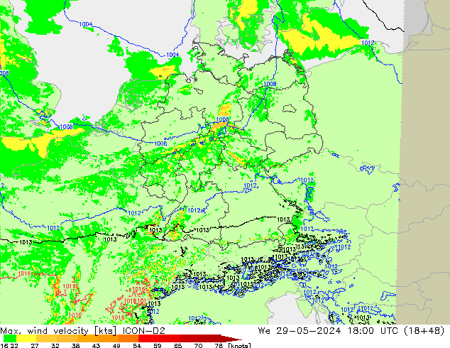 Max. wind velocity ICON-D2 We 29.05.2024 18 UTC