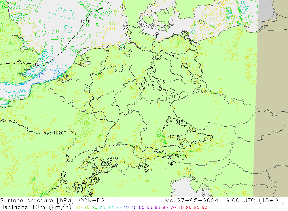 Isotachs (kph) ICON-D2 lun 27.05.2024 19 UTC