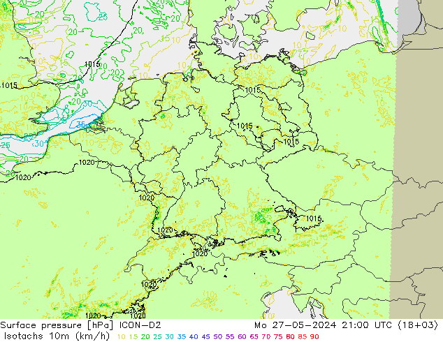 Isotachs (kph) ICON-D2  27.05.2024 21 UTC