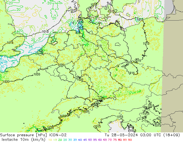 Isotachen (km/h) ICON-D2 di 28.05.2024 03 UTC