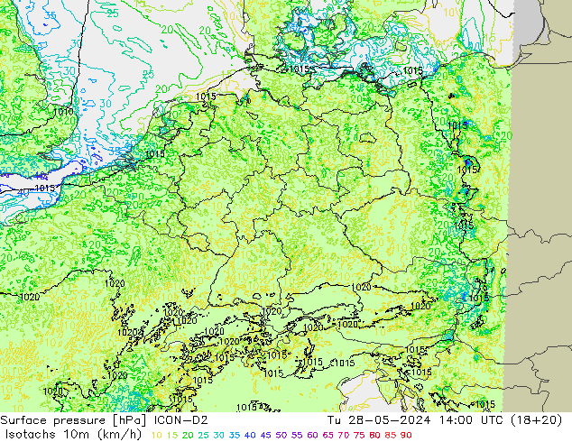 Isotachs (kph) ICON-D2 вт 28.05.2024 14 UTC