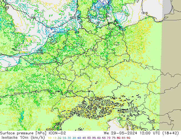 Isotachs (kph) ICON-D2 mer 29.05.2024 12 UTC