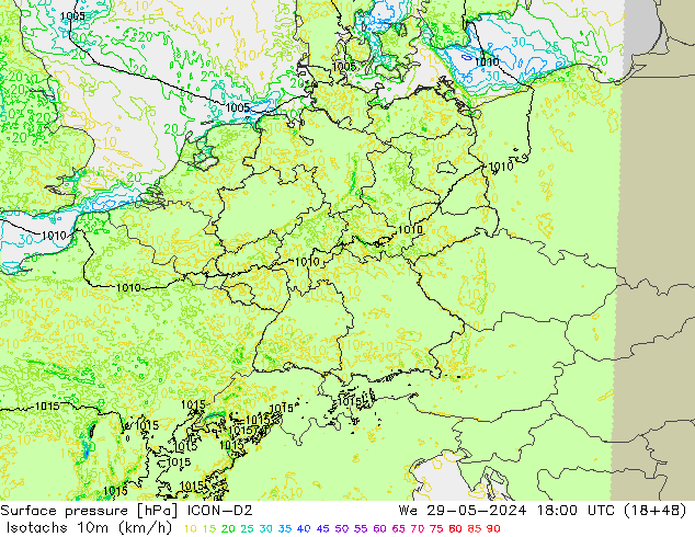 Isotachen (km/h) ICON-D2 Mi 29.05.2024 18 UTC