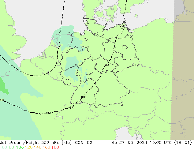 Corriente en chorro ICON-D2 lun 27.05.2024 19 UTC